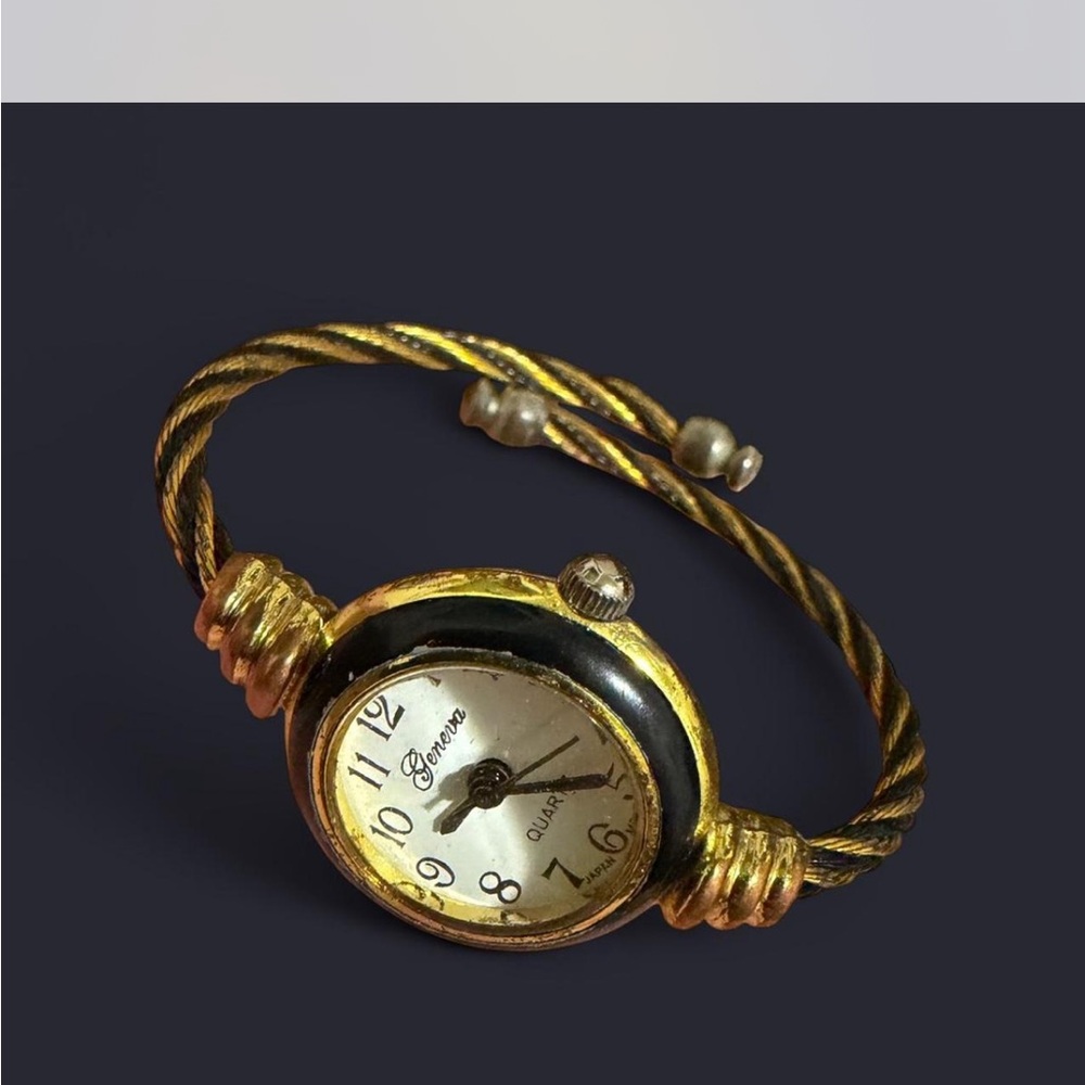 Geneva Gold-Tone Twisted Bangle Watch with Black Accent